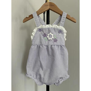 Vintage 1980s Health-tex Purple Seersucker Floral Bubble Romper - Made in USA